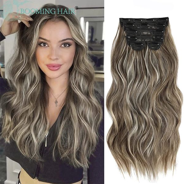 Волнистый клип в волосах с длинной синтетической 6pcset Piece Ombre Blonde Brown Bult Hairpieces 240410