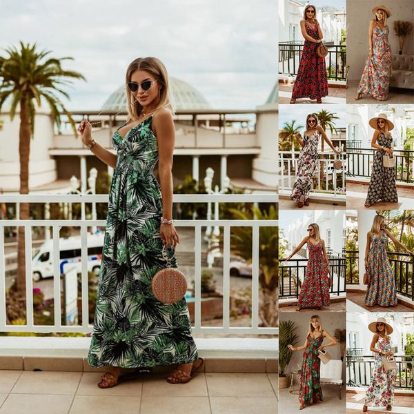 Coleção Européia e Americana de Verão da primavera Um elegante e confortável e confortável decote em V Spaghetti Strap Floral Print Floral Bohemian Maxi Dress