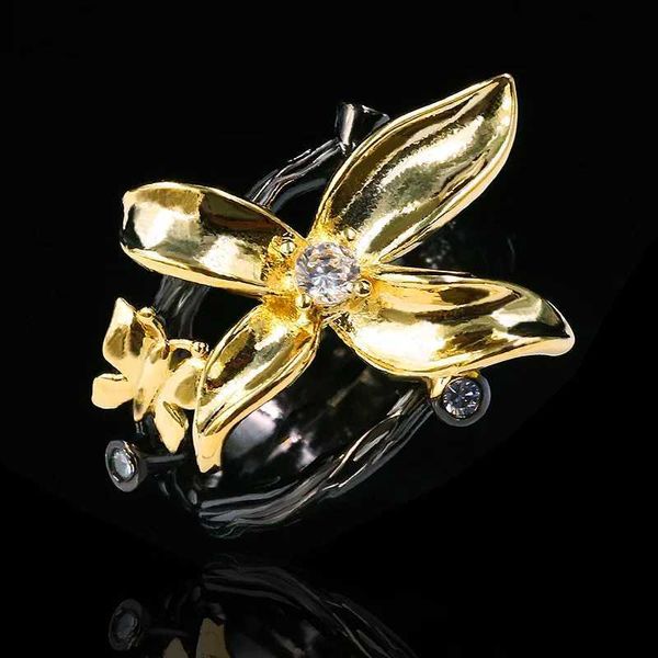 Anéis de banda elegante exagerado Big Flower Black Gold Wedding for Women Noble 925 Sterling Silver Bohemia Jóias de coquetel H240425