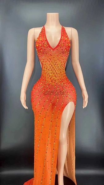 STEGN Wear Skinly Rhinestone Halter Mesh Transparent Long Birthday Celebre o vestido de noite Mulheres sexy Split Backless Stage desgaste D240425