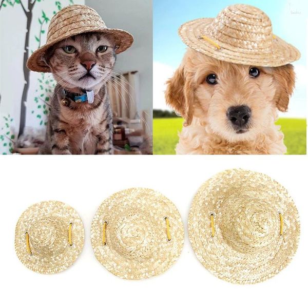 Vestuário de cachorro verão gato gato gato pet straw sunhat suprimentos de moda cosplay agricultor solarbonnet cachorrine hap capuz acessórios