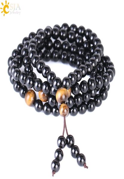 CSJA Obsidiana Pulseira longa preta de 6 mm de pedra natural redonda Buda Buda Bracelets chineses nó de reiki joias de oração ELAS3469393