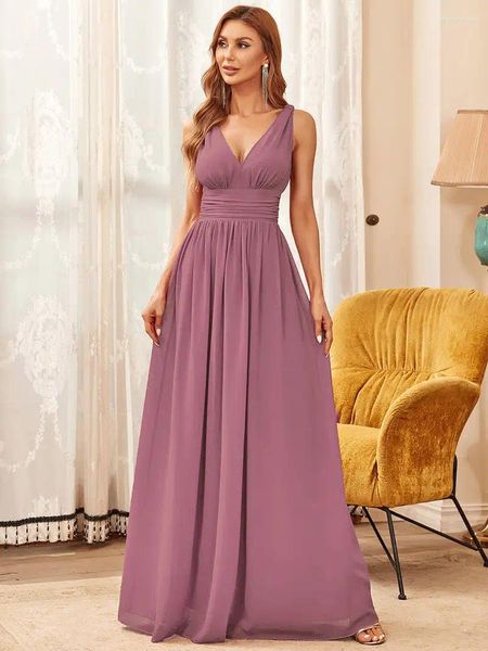 Parti elbiseleri lüks akşam v yakalı kolsuz A-line zemin uzunluğu elbisesi 2024 Şimdiye kadar güzel orkide zarif nedime elbise kadın