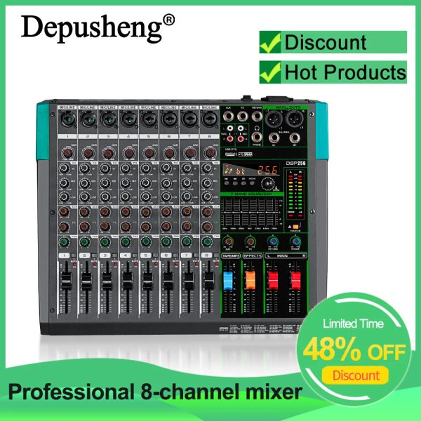 Acessórios Mixer de áudio Profissional DePusheng MG8 8 canal Console de placa de som DJ Mistura de mixagem Sistema de mesa interface incorporado 256 Efeito reverb