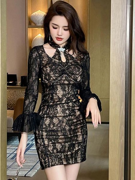 Abiti casual Spring Fashion Lady Abito corto Black Short Women Abbigliamento Elegante Gollo Sexy Faree Slee Slim Gown Birthday