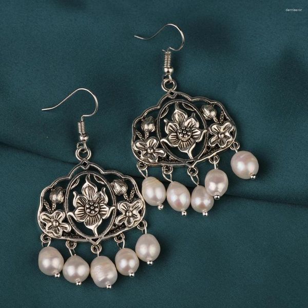 Dangle Ohrringe Sommer Trend Vintage Quasten Süßwasser Perle Tropfen Ethnische Blume Tibeter Silber chinesischer Stil Schmuck für Frauen