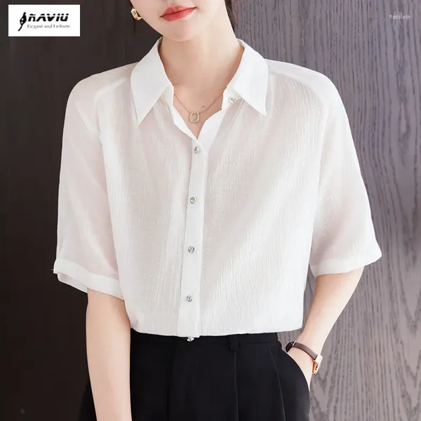 Blouses feminina camisa Naviu Mulheres sólidas colarinho retro-chique de estilo coreano RETRO MAIS COMPRIM