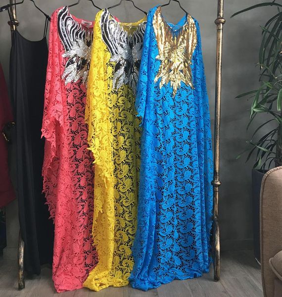 2019 neuer Stil afrikanischer Frauen039S Dashiki Mode Wasserlösliche Spitze losen Rock mit Perlenstickerei Langes Kleid5809639