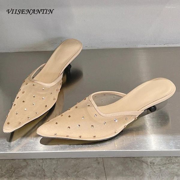 Pantofole est scarpe muli da donna decorazioni cristalline mesh a metà punta di pompe del tallone di punta scivolare su un elegante abito da donna