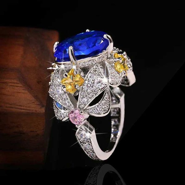 Band Rings Vintage Jewelry Luxury Big Sapphire 925 Sterling Silver для женщин Элегантное годовщина свадьбы с цветочными цветами H240425