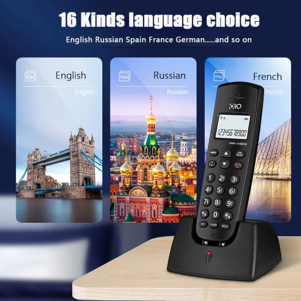 Acessórios 16 Idiomas Telefone fixo sem fio digital com ID de chamada HandsFree Alarm MUTO SLIPE LED SLIED PHELEM FILE sem fio para hotel em casa