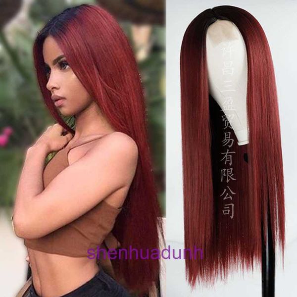 Wigs Women Women Human Hair Front Lace Wig Wig Red Red Twilor Gradual Change Middle Split Long Drivery Fibra Copertura in fibra chimica dritta