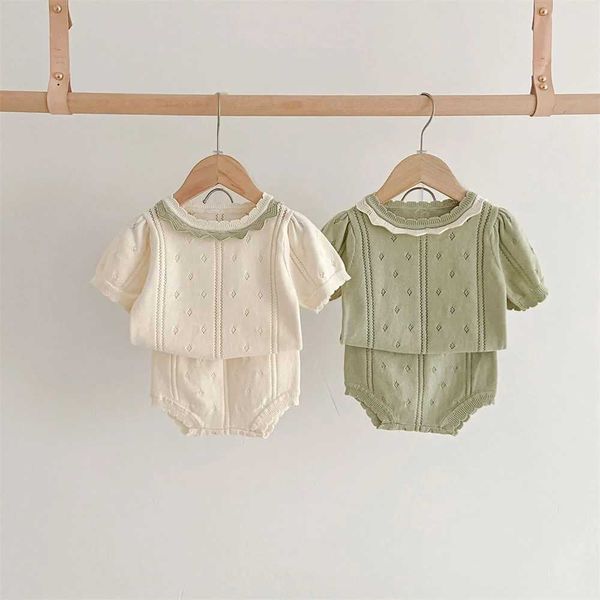 Rompers 0-36 mesi Girls Cotton Knitting Abita per baby petalo Collar Collar + Shorts Summer Autumn Toddler Set di abiti H240425