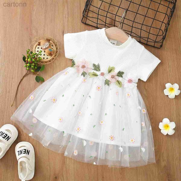 Mädchenkleider Sommer Babykleid kleines Mädchen 3d Stickerei Blumenmasch gestrickt Prinzessin Party Geburtstag Kleidung Kleinkind täglich süße Kleidung D240425