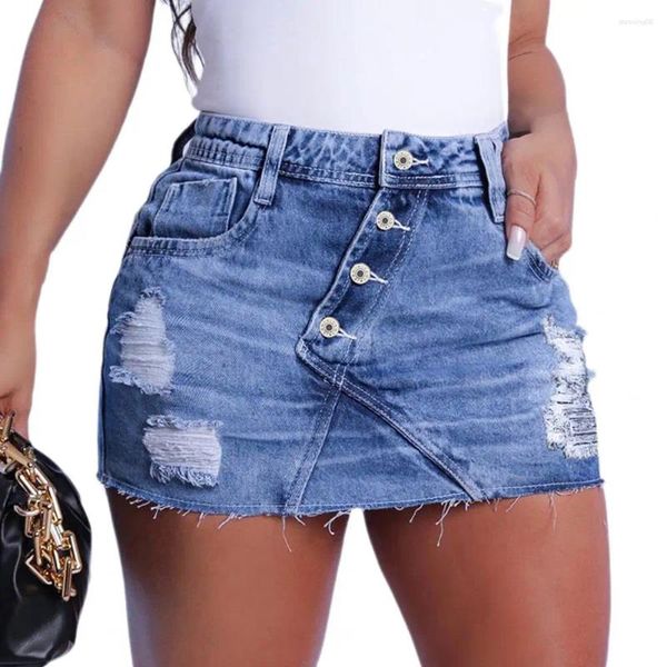 Юбки летняя мини -джинсовая юбка женщины с высокой талией мода рваные отверстия кузовые пуговицы декор короткие джинсы