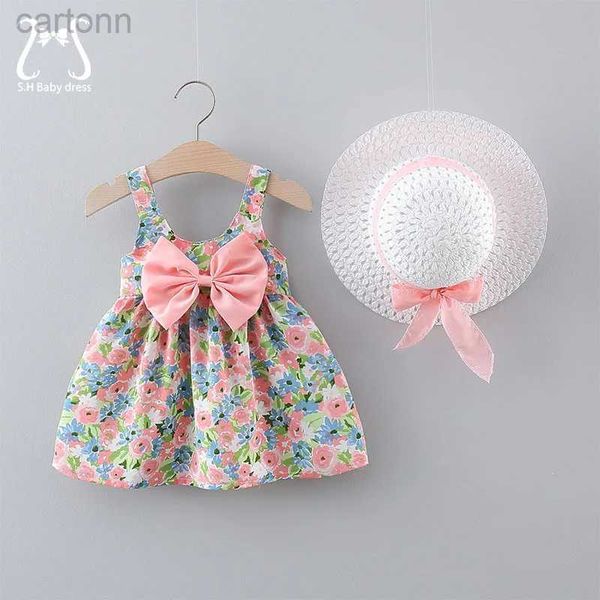 Vestidos de menina 2pcs/conjunto menina menina vestidos de moda de verão Floral Sling Crianças roupas doces garotas fofas sem mangas de 0 a 3 anos de idade Toddlert D240425