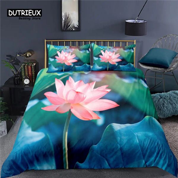 Defina luxo 3D Lotus Flower Print Home Living Living confortável Tampa de edredão Fronha para crianças Rainha e King UE/EUA/Au/Tamanho do Reino Unido