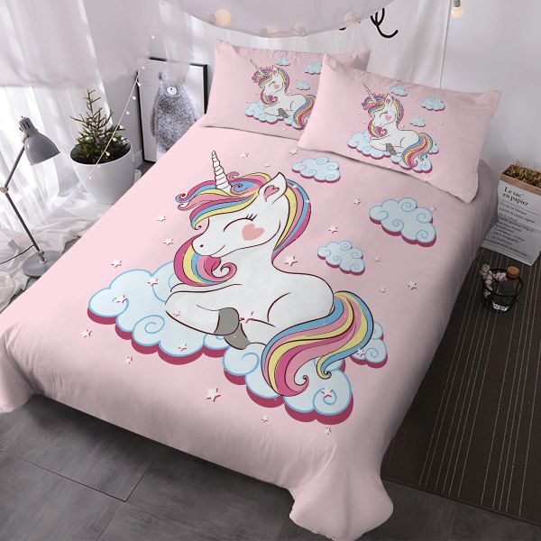 Pillow Smiley Unicorn Bedding Sets com capa de edredão 3 peças colchas com 2 travesseiros shams