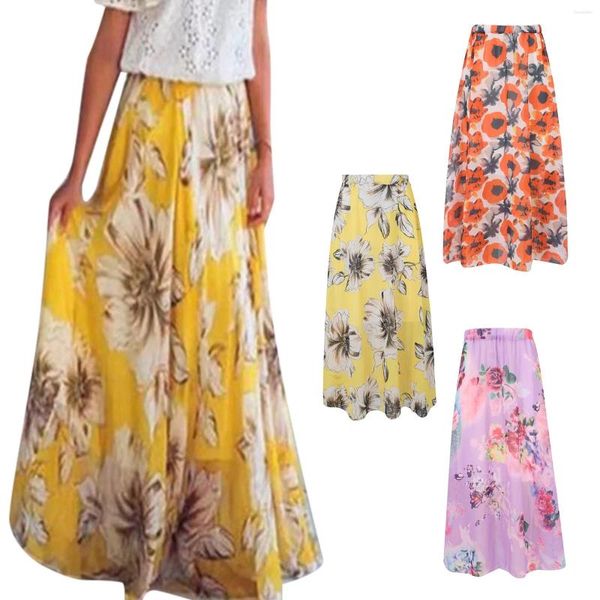 Saias chiffon boho feminino floral jersey cigana longa maxi saia cheia praia vestido de sol de alta qualidade lindas senhoras