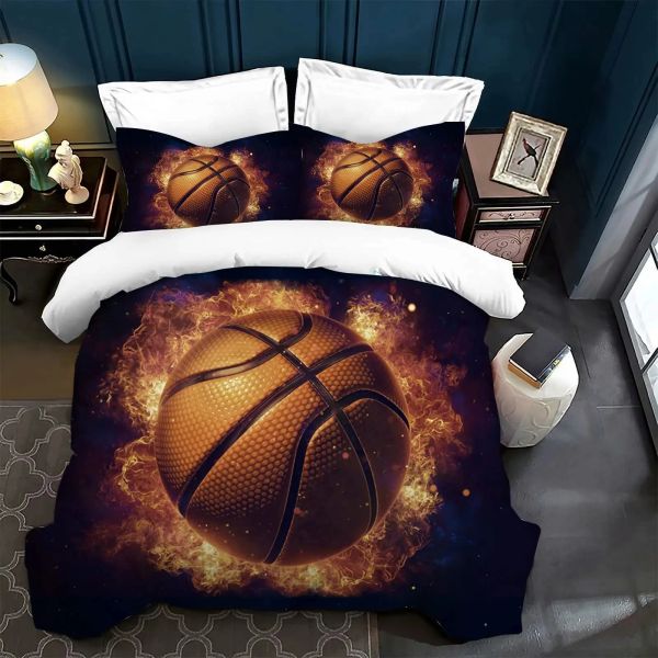 Setler 3D Basketbol Yorgan Kapak Kral Teen Boys Fire Water Spor Yatak Seti Mikrofiber Top Oyunu Yastık Kılıfı