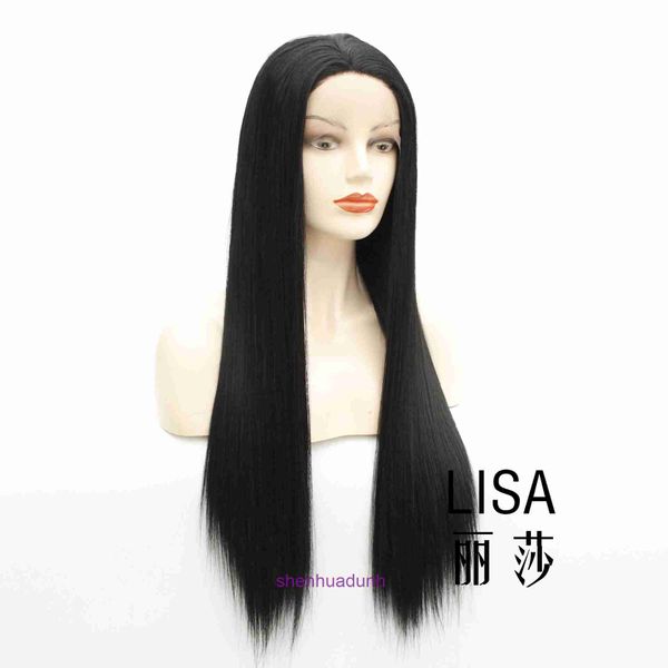 Feinste Perückenfrisuren für Frauen 13 * 3 Halbhandhaken schwarzes langes, gerade Haare weibliche chemische Faser Hochtemperatur Seiden vordere Spitzen -Strick -Headcover -Simulation