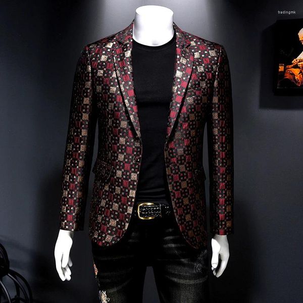 Abiti da uomo 2024 autunno slim fit blazer uomini reticolo stage abiti casual cappotti in argento bordeaux borgogna sposo