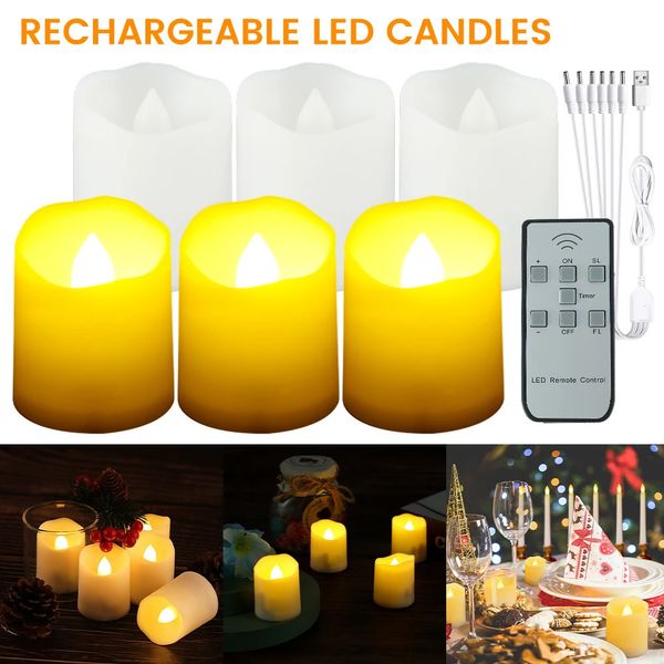 6 Luci a candela a LED lampeggiante senza fiamma con timer remoto realistico tè luce usb ricaricabile per la casa decorazione per feste 240417