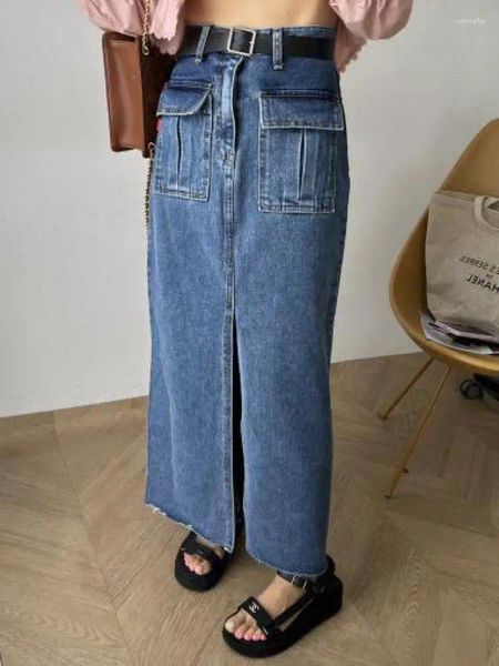 Saias mulheres moda elegante com bolsos de jeans de fenda frontal longa saia longa da cintura alta Festival de roupas de trabalho feminina durante toda a temporada