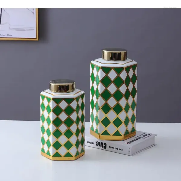 Garrafas de armazenamento padrão verde padrão de cerâmica Garda de garrafa hexagonal dourada com tampas de desktop decoração de chá caddy panelas