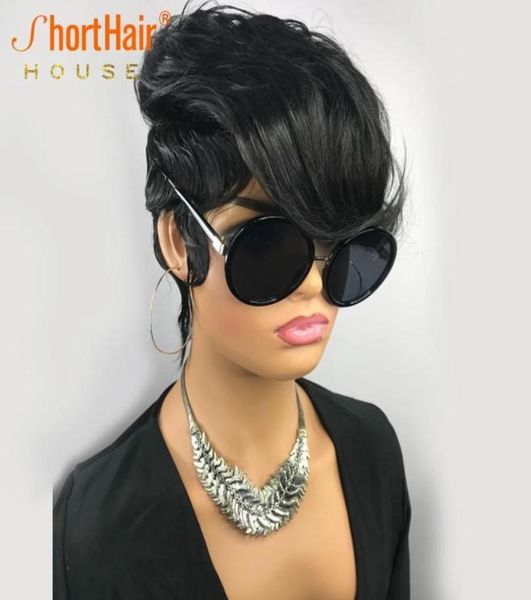 Pixie curto corte de cabelo humano peruca natural perucas onduladas sem glue com franja cabelos remy brasileiros para mulheres negras Máquina completa MACHER2808477