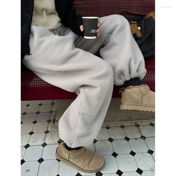 Pantaloni da donna inverno vele spazzolato vele da donna in stile coreano agnello joggingpants oversize pantaloni a gamba larga blu scuro caldo