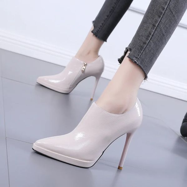 Stivali da donna concisa stivali pu 10 cm tacchi alti sottili puntati con laterale con cerniera stile street style britannico in stile solido carriera da donna scarpe da donna