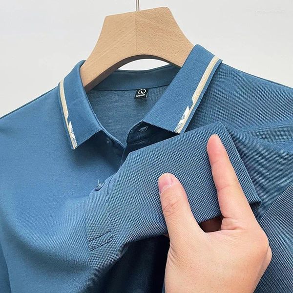Marca de polos masculino verão bordado lapela amoreira camisa de seda polo casual casual resistente a rugas de camiseta de moda de moda