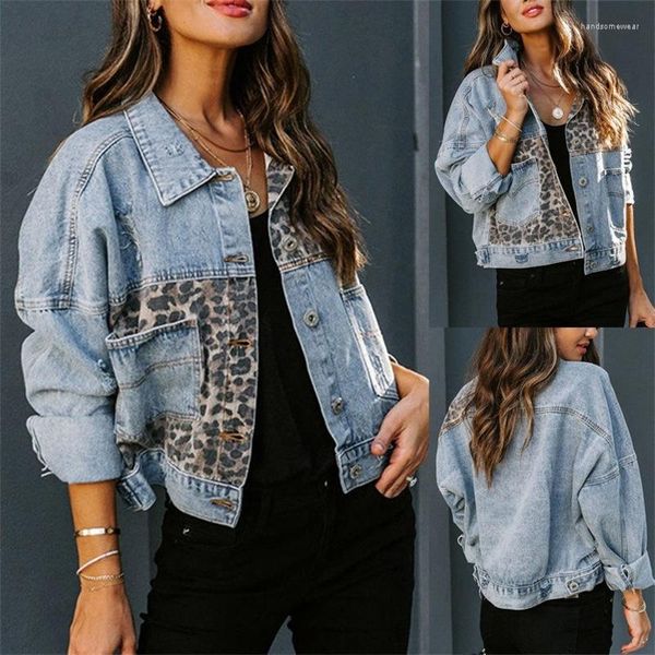 Giacche da donna leopardo patchwork jean for women abbigliamento tasche di moda esterno sottile rivestimento in denim femminile autunno top autunno