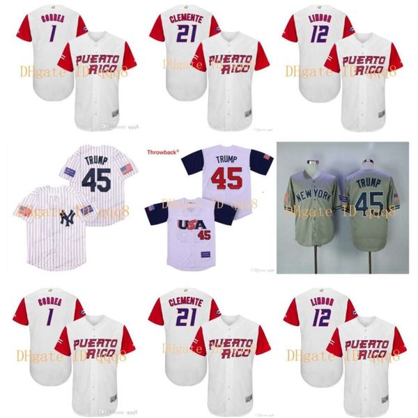 Kob Puerto Rico 9 Javier Baez 21 Roberto Clemente 1 Carlos Correa 2017 World Baseball Classic USA 45 Donald Trump Yadier Molina Baseball Jersey