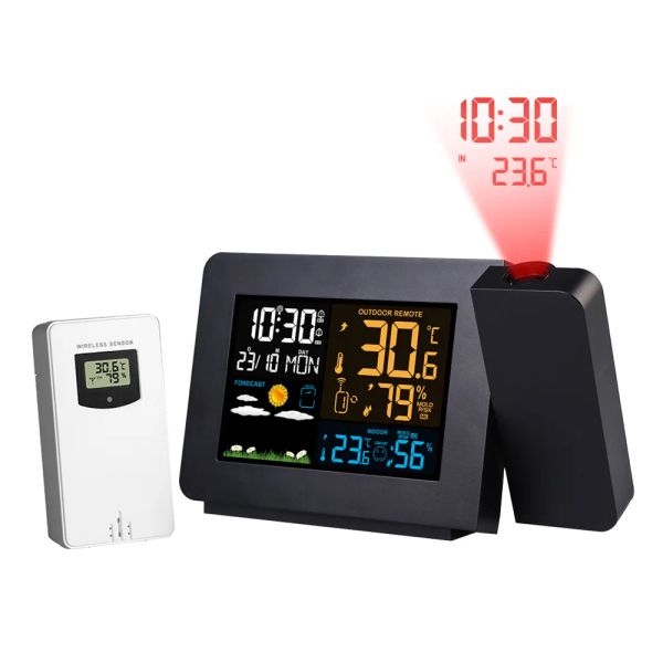 Relógios Fanju Digital Clock Station Station LED Temperatura Umidade Previsão meteorológica Relógio de mesa de soneca com projeção de tempo