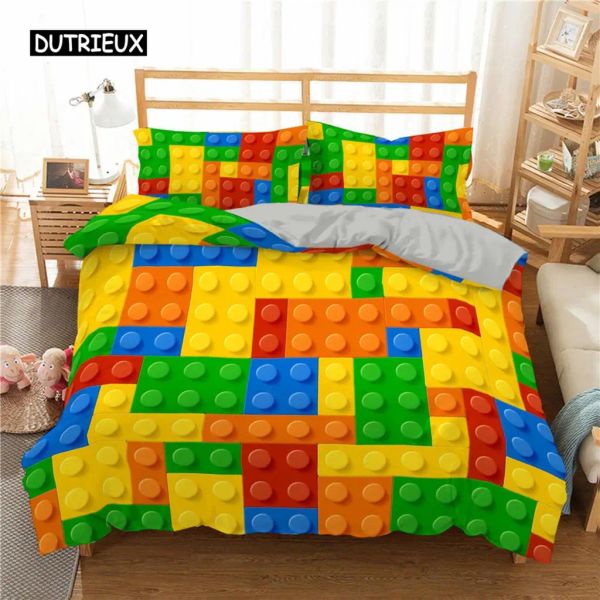 Conjunto 3D Bloco de edifícios Tampa de edredão Polyester King Queen Caps Capas de jogos de cama com decoração de casa de fronhas para crianças menino