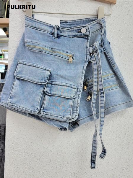 Frauen Jeans Pulkritu Frauen Mode Wrap A-Line Reißverschluss Spleißen Multi-Taschen-Denim-Rock-Shorts Sommer-Ins Cargo Safari Style Short