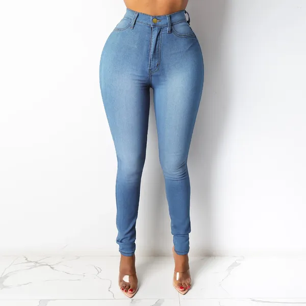 Jeans femininos de algodão europeu e americano 2024 cor de cor alta de cor alta elástico Slim Fit Straight Casual Calças Casual