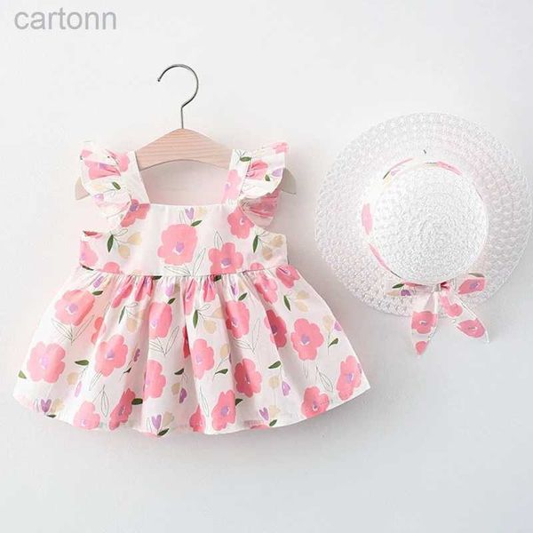 Vestidos de menina 2Pita Sets Roupa de verão Costume de menina para menina Costura de criança coreana Flores fofas Princess praia vestido+sunhat roupas recém -nascidas 067 D240425