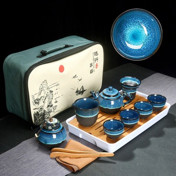 Case set da tè cinese blu glassa ambra in ceramica jingdezhen temmoku glaze squisite set kung fu tazza di tè portatile teatro gaiwan tazze da tè