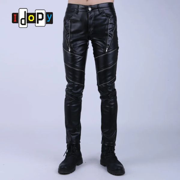 Calças Idopy Fashion Night Club DJ Swag Party Skinny Faux Leather Pu Pants Biker Black Rankgers Tight para homens meninos com zíperes