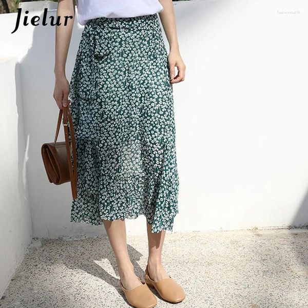 Signe Summer Green Floral Skirt femminile femminile Chiffon High Waist Ruffles Fairy Retro Casual Beach Female Faldas 2024