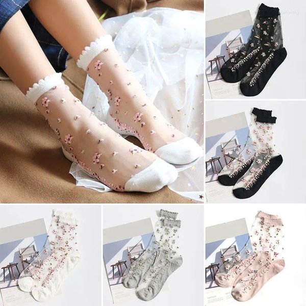 Frauen Socken 1 Paar weibliche Mesh florale ultra dünne Sommer transparente Spitze Seidenkristall Rose Blume Mädchen elastischer Mittelröbe