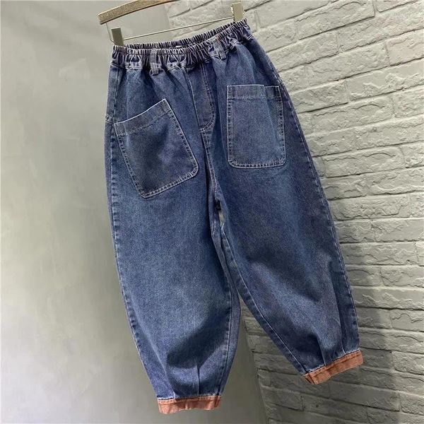 Frauen Jeans Ankunft Frühlingskunst Stil Frauen elastische Taille lässige Baumwolle Denim Harem Hosen Doppelpockt Vintage Blau locker