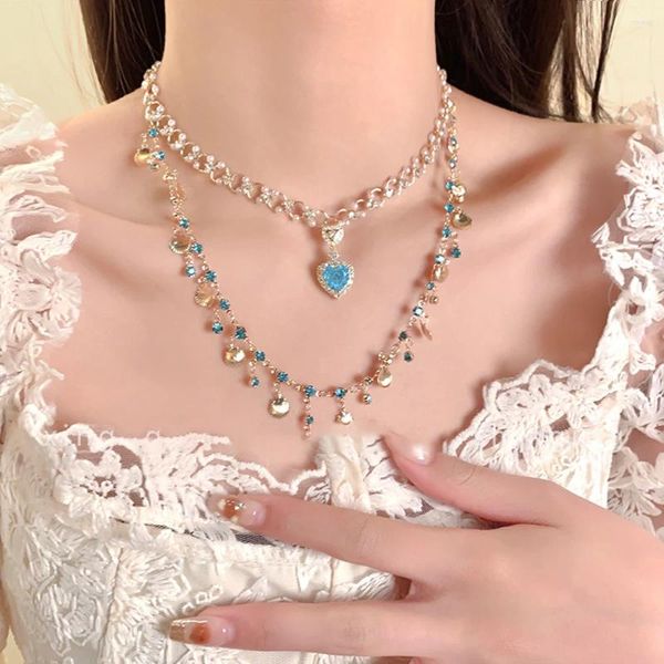 Colares pendentes gradiente de tendência gradiente de tendência azul zircão de borla Coração para mulheres meninas y2k shinestone amor jóias de colar elegante