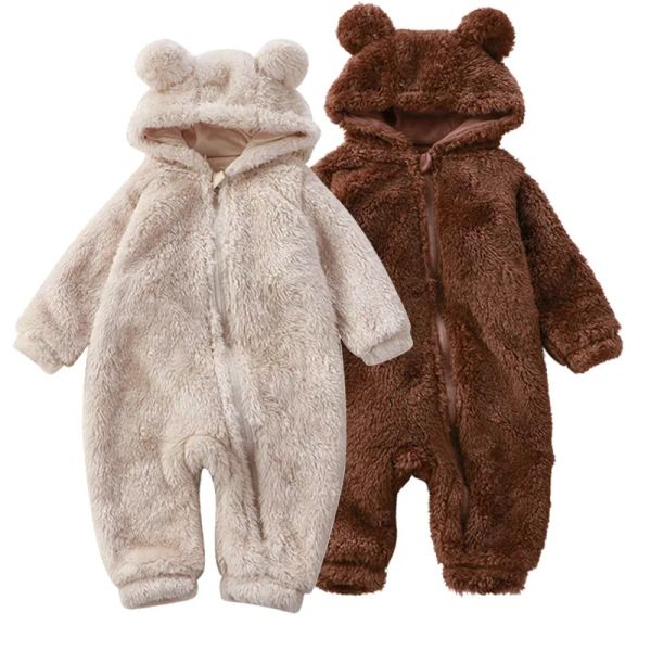 Tek parça kış sıcak kapüşonlu bebek kızlar için kızlar için kızlar ayı kulak başlık polar onesies bebek tulumları pijama pijama yürümeye başlayan çocuk