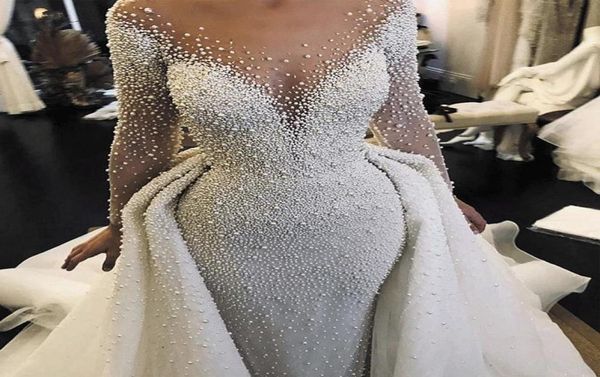 Importanti abiti da sposa sirena per perline con treno staccabili a torro a maniche lunghe in perline Borgeous Abito da sposa Vestido De 4531922