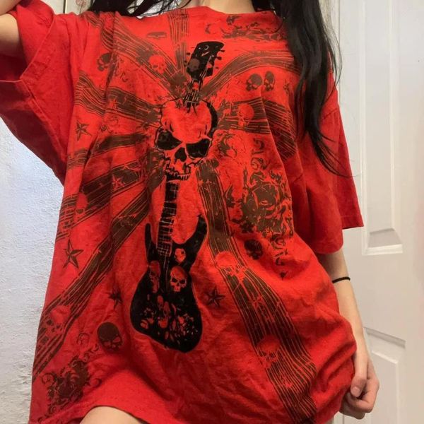 Camisetas femininas y2k vintage retro gótico grunge shirt o-gola curta manga curta harajuku skull impressão de halloween solo top estético