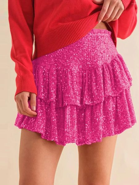 Saias boho inspirou mini saia lantejoula feminina smocked cintura elástica zíper rosa babado de festa em camadas